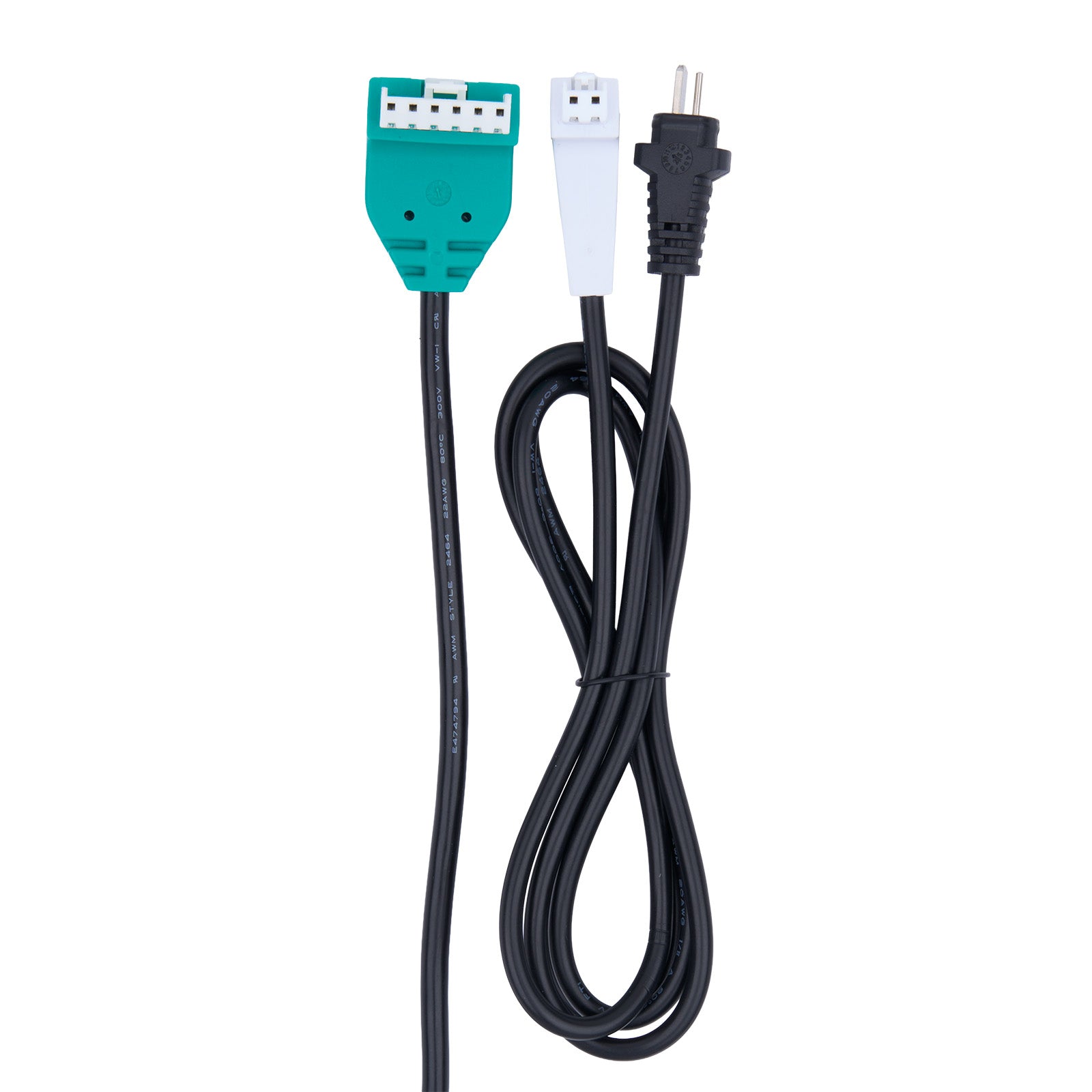 Black cable with green and white connectors on a white background