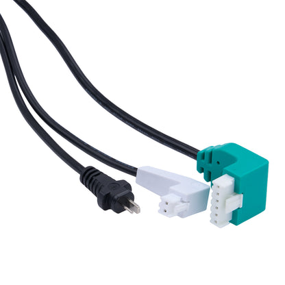 Electrical cable with plug, connector, and adapter on a white background