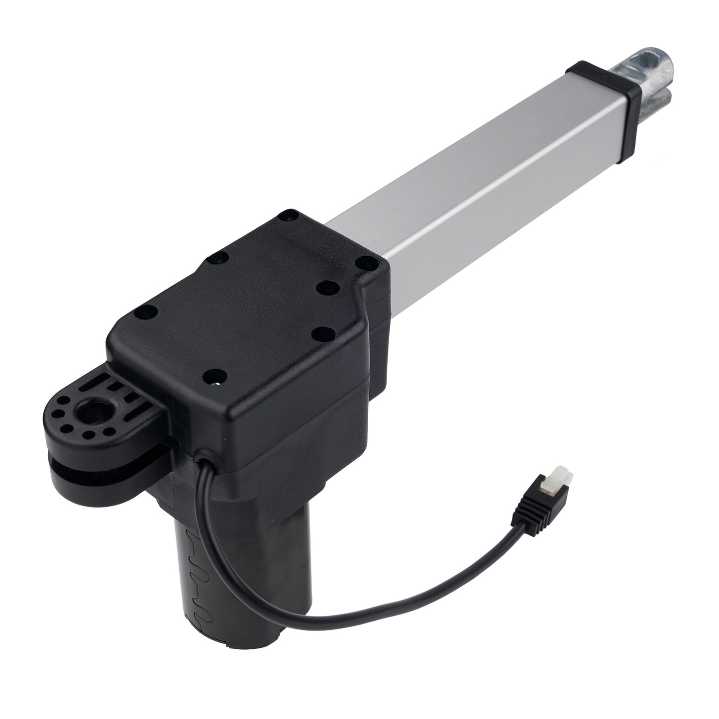 Mechanical actuator with black housing and cable on a white background