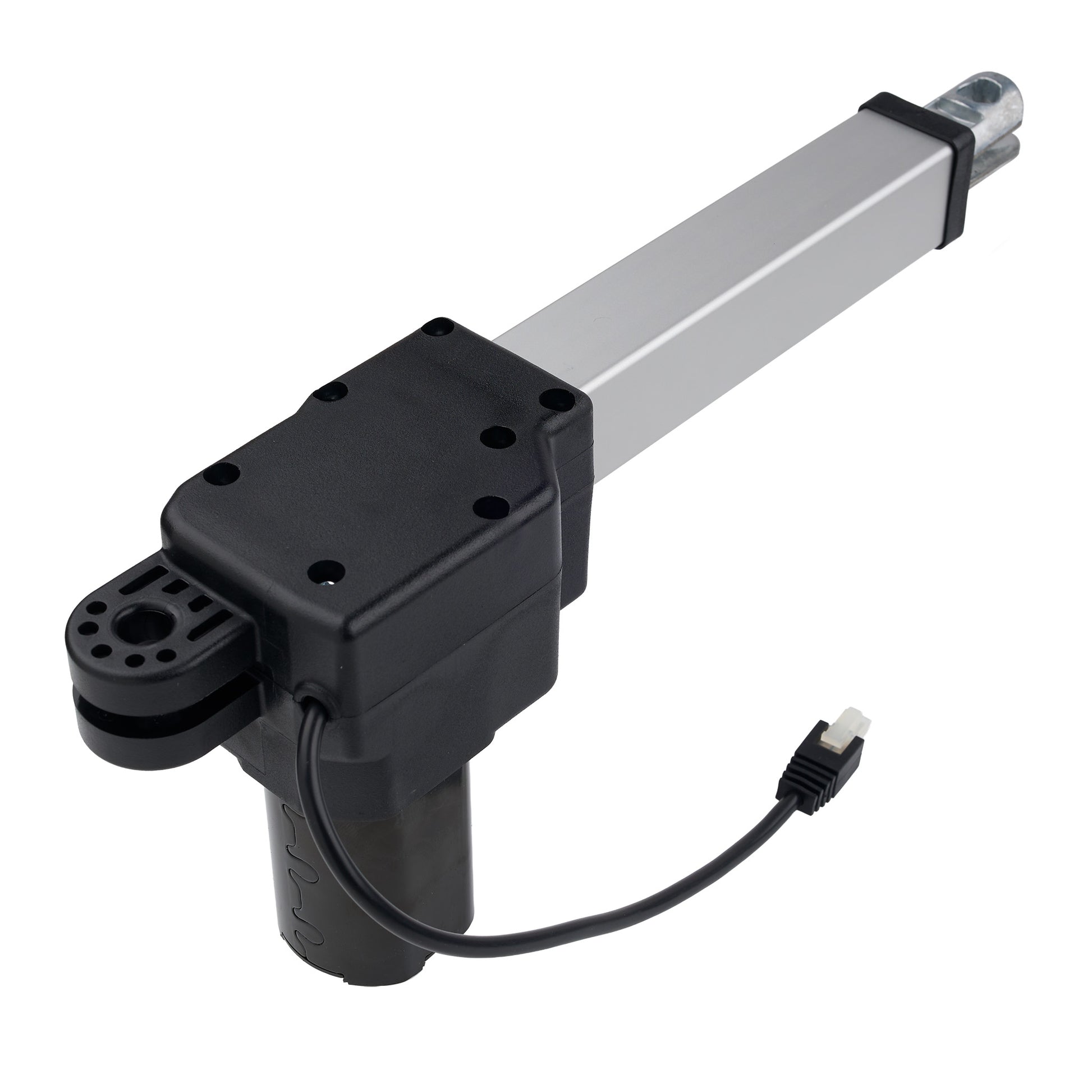 Mechanical actuator with black housing and cable on a white background