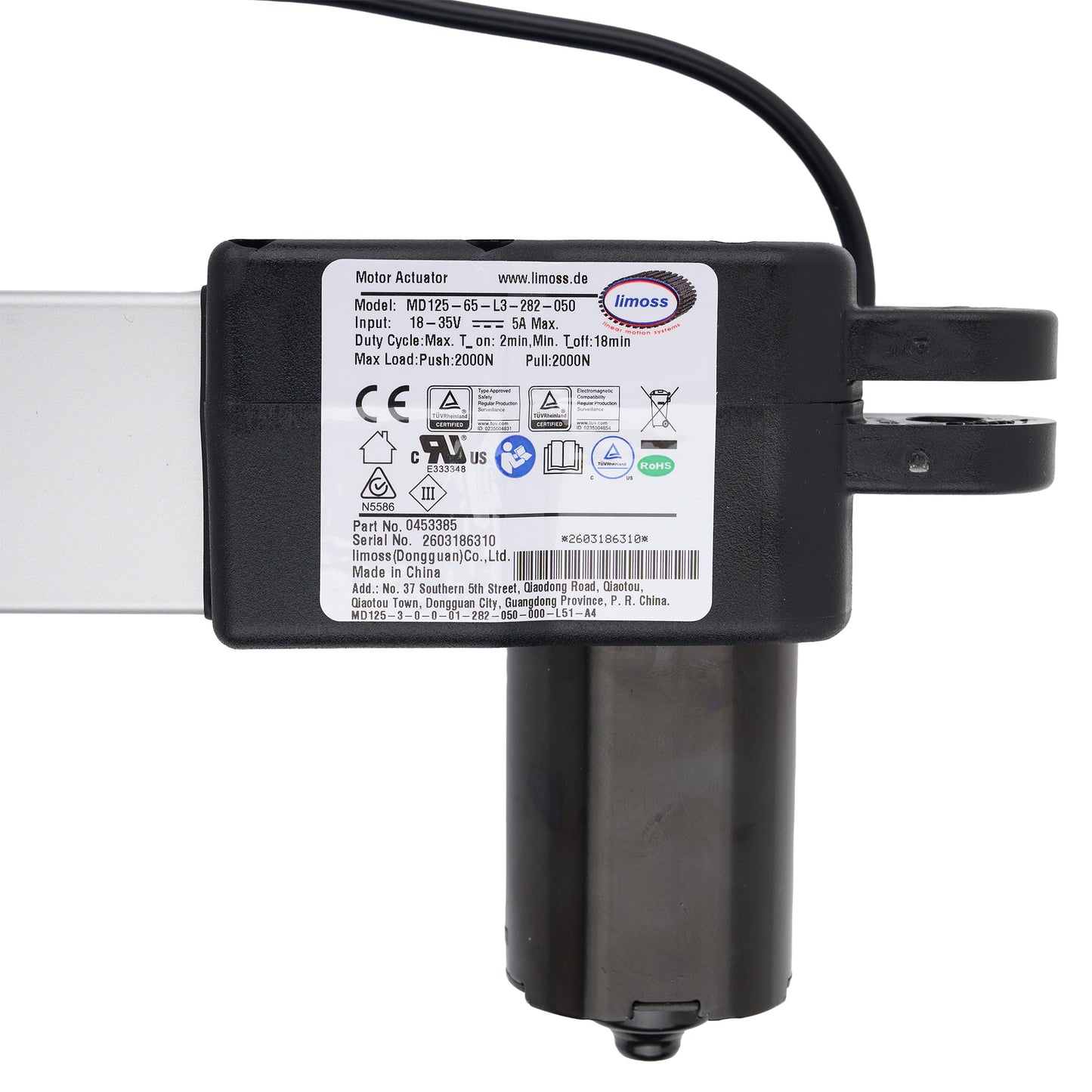 Motor actuator with label on a white background