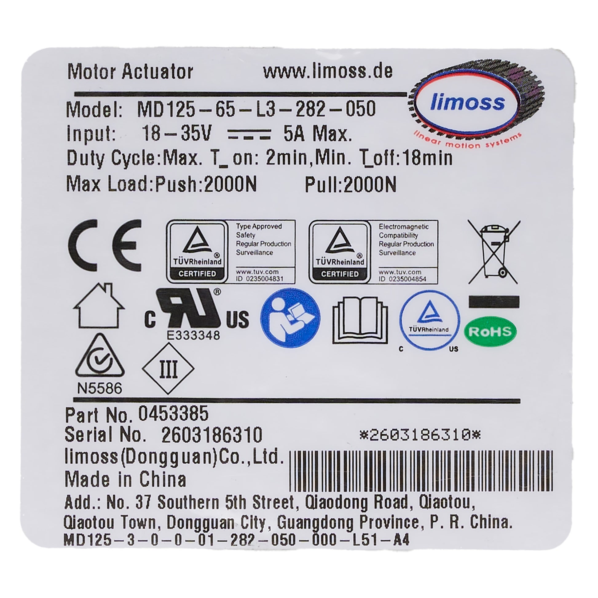Back label of a motor actuator with various certification logos and product details.