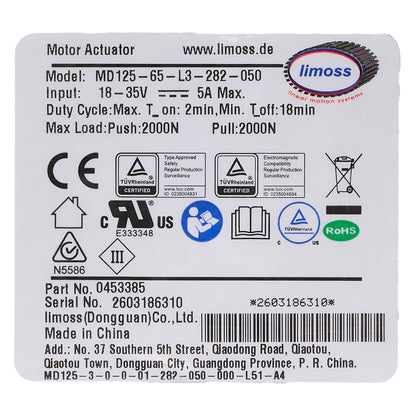 Back label of a motor actuator with various certification logos and product details.