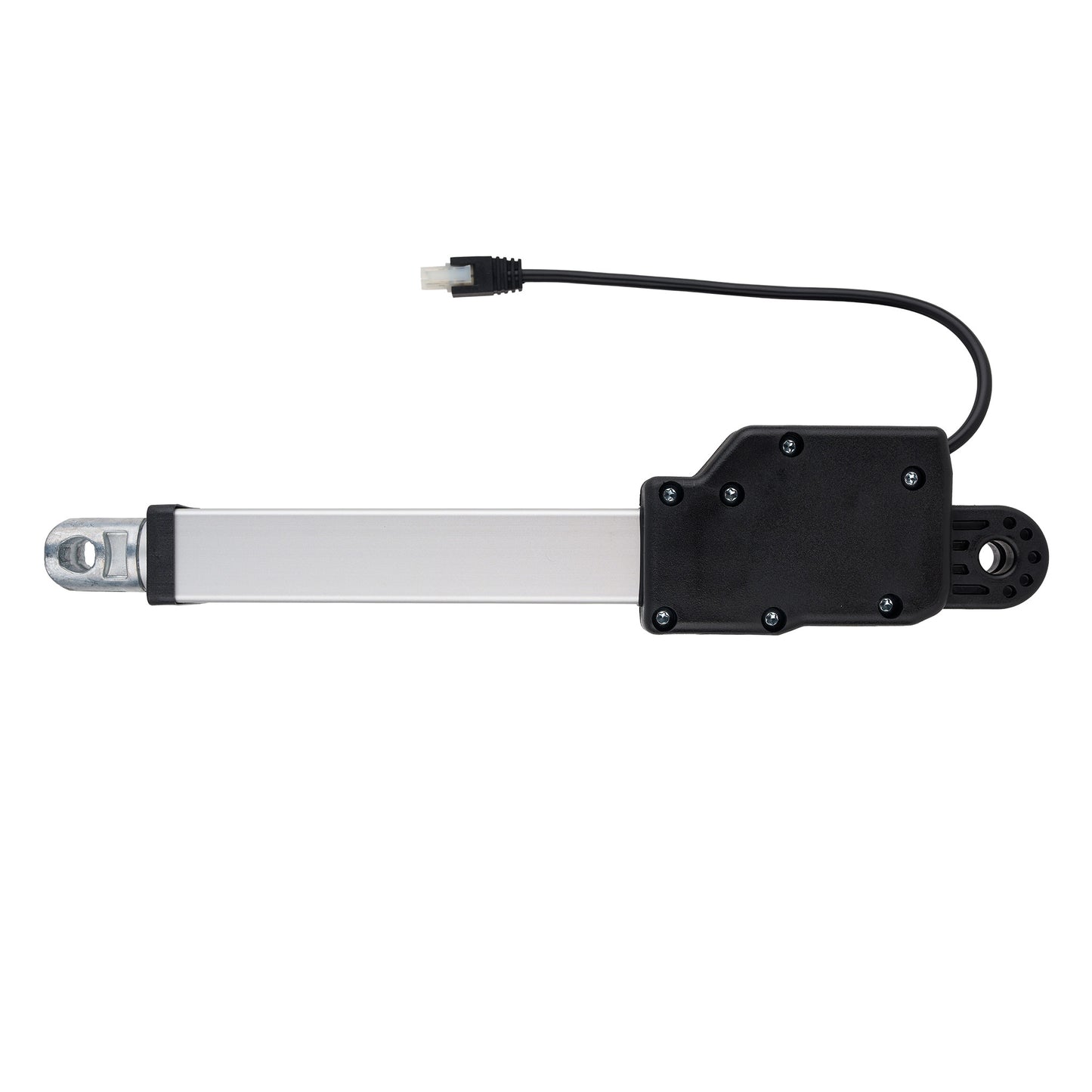 Mechanical actuator with a black housing and silver rod on a white background
