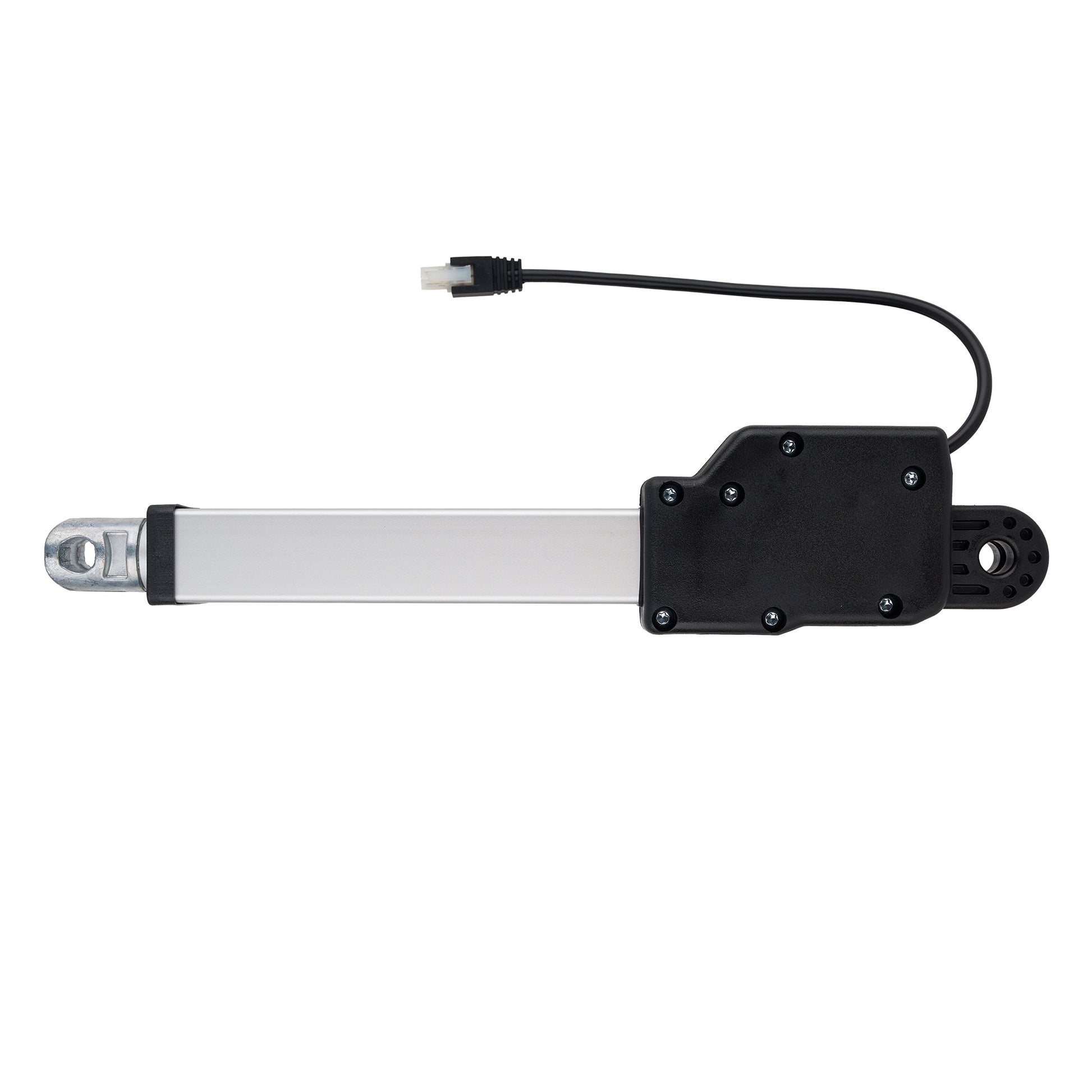 Mechanical actuator with a black housing and silver rod on a white background