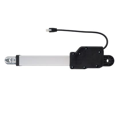 Mechanical actuator with a black housing and silver rod on a white background
