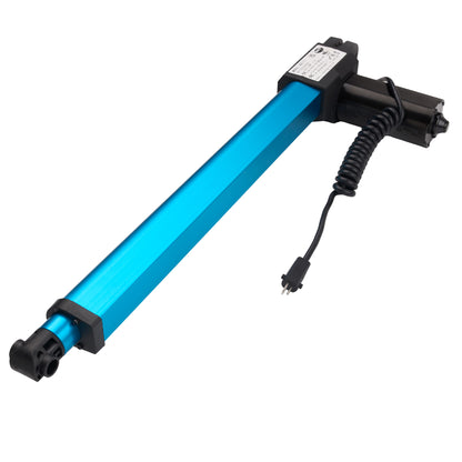 Blue cylindrical device with black connectors on a white background