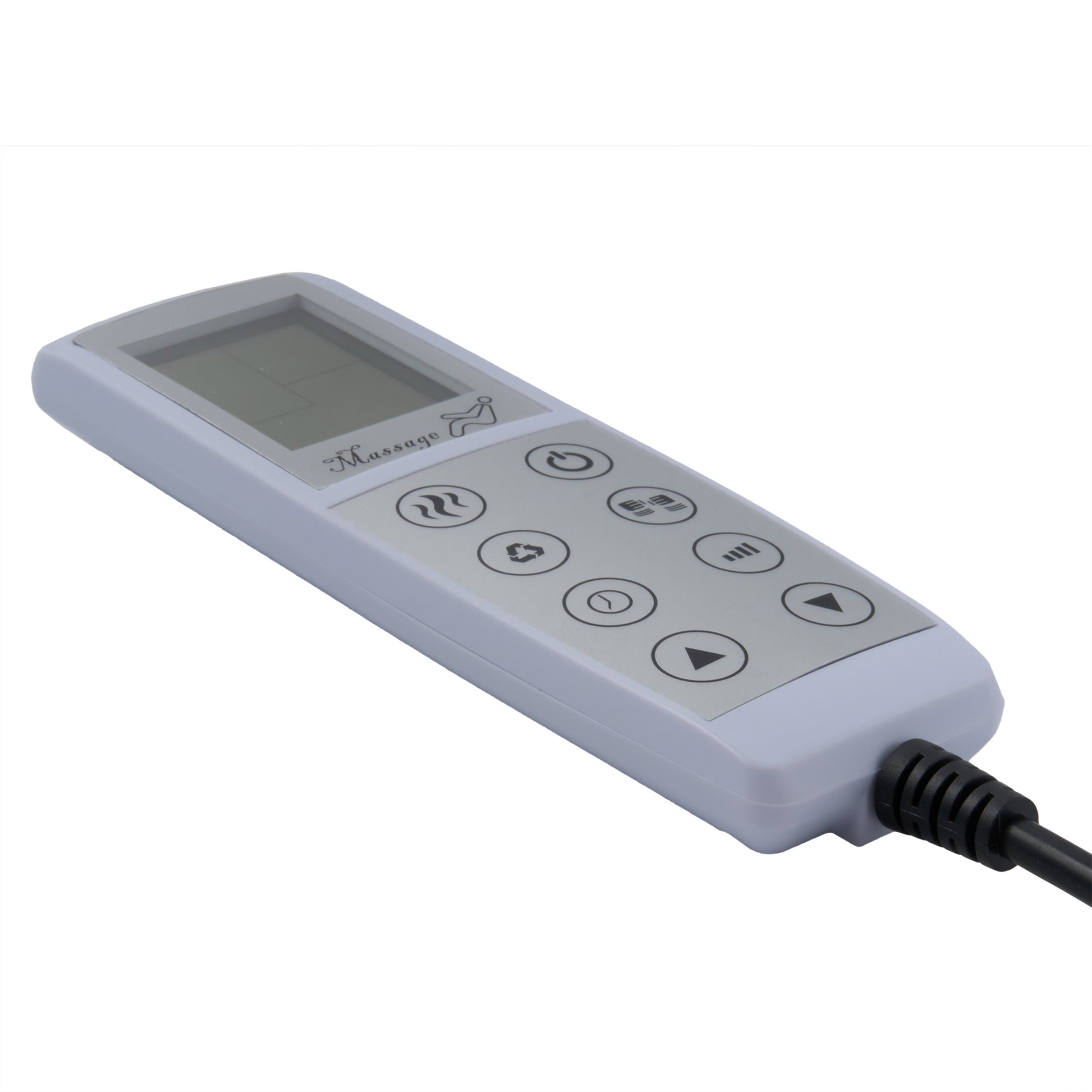A white electronic remote control with a small LCD screen and six gray buttons, shown on a plain white background with a black power cord extending from the side.