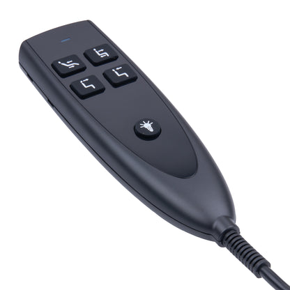 A black electric wheelchair remote control with five buttons and a power button, shown on a plain white background.