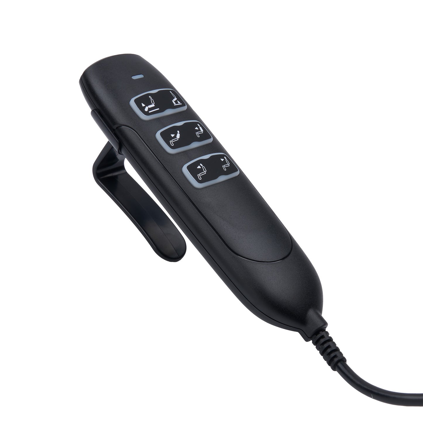 Black remote control with buttons on a white background