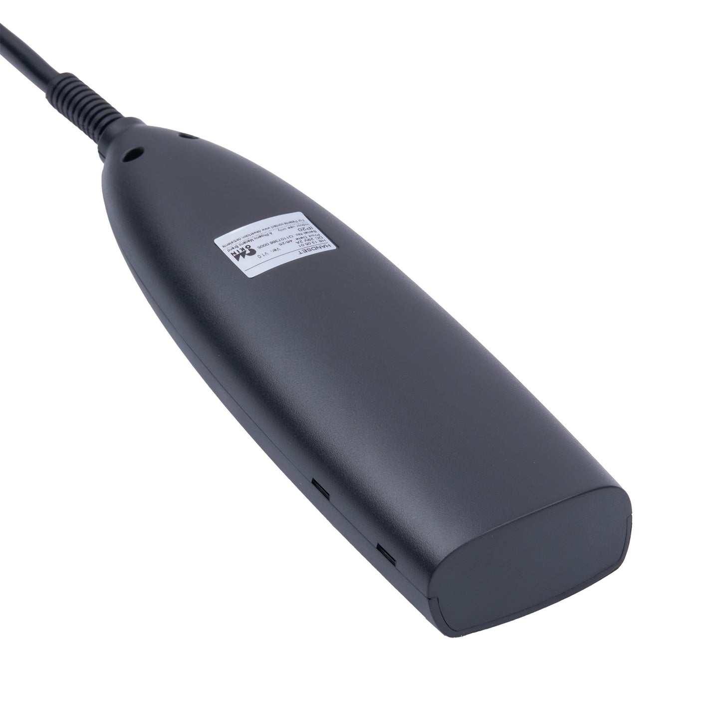 A black handheld electronic device with a coiled cable, shown from an angled perspective on a plain white background.