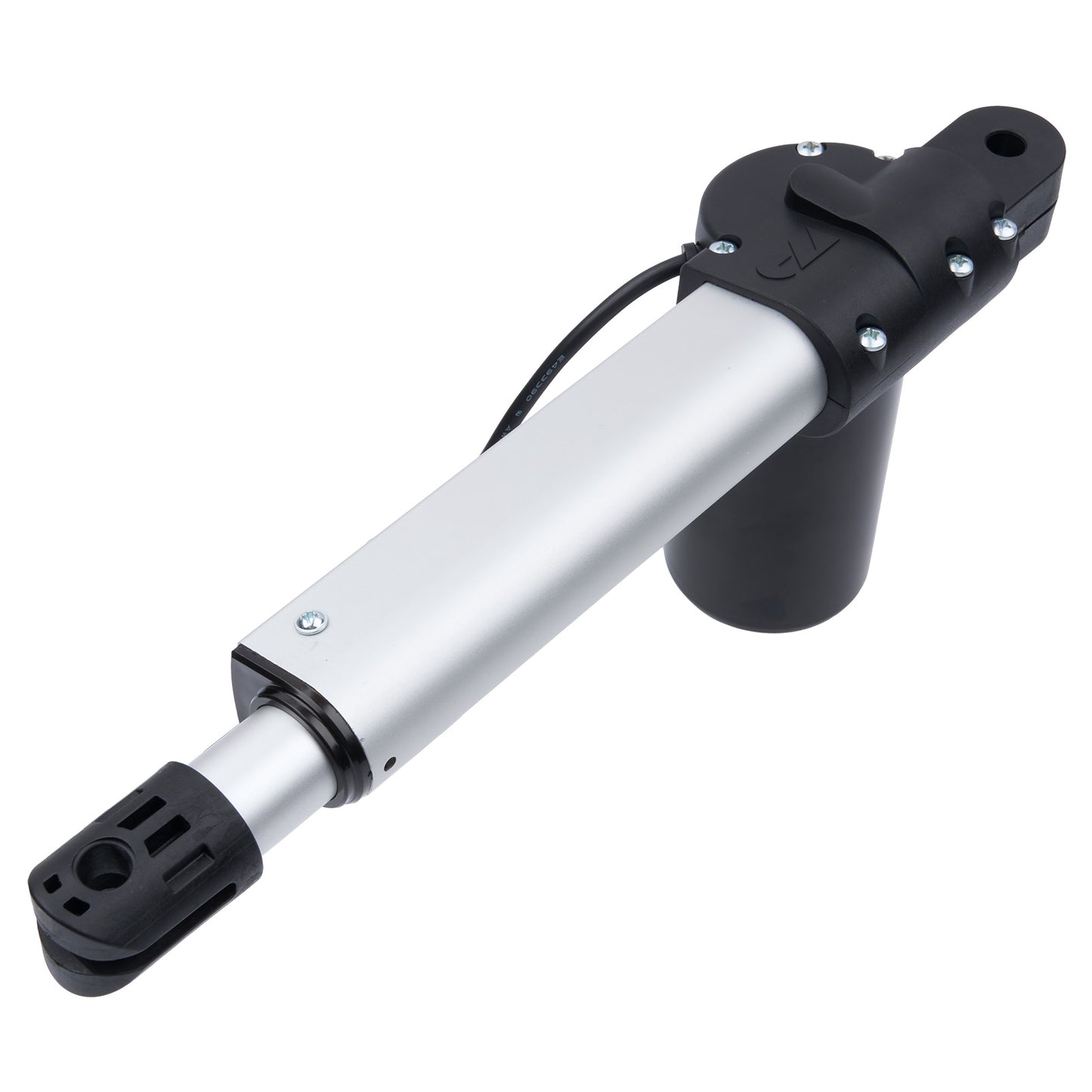 Mechanical device with a black handle and silver cylindrical body on a white background