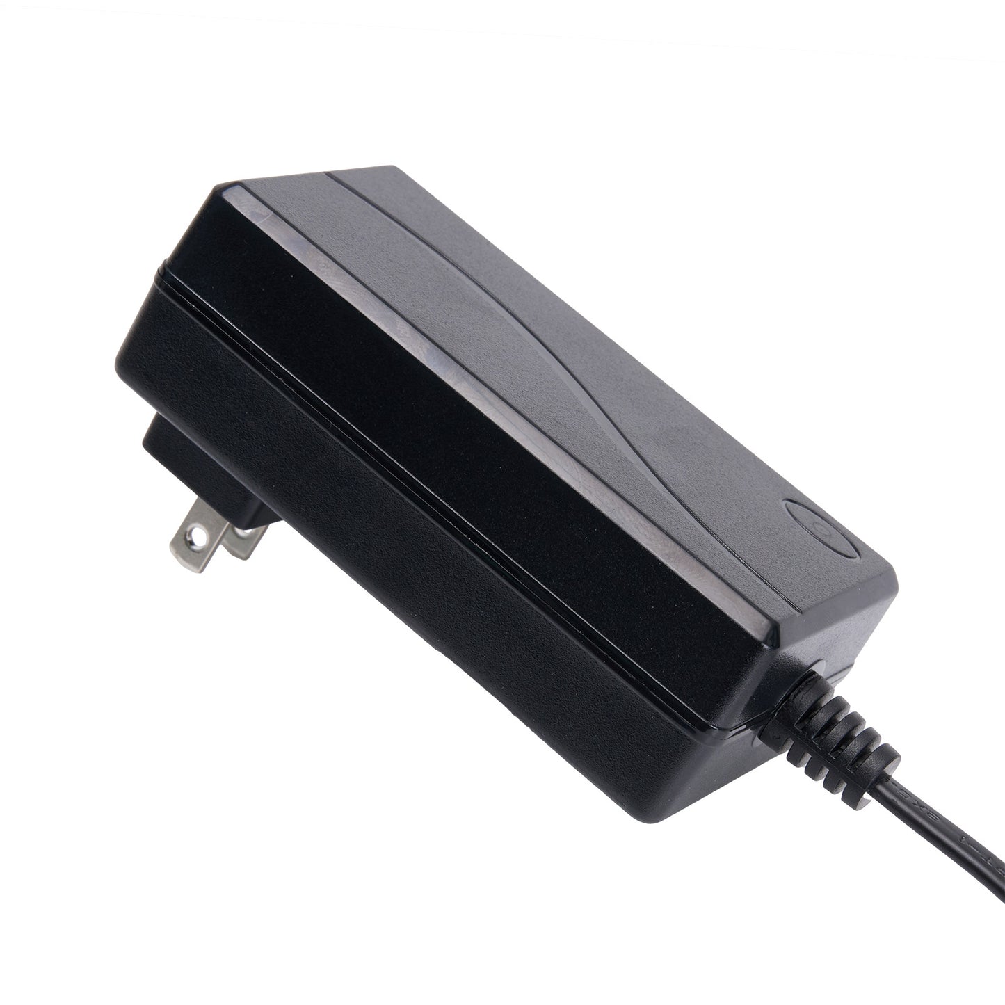 Black power adapter with a plug on a white background