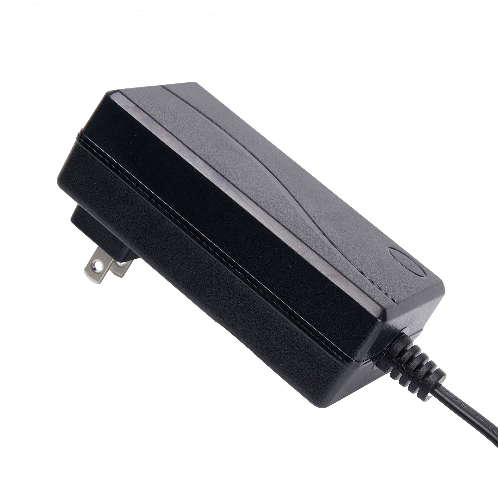 Black power adapter with a plug on a white background