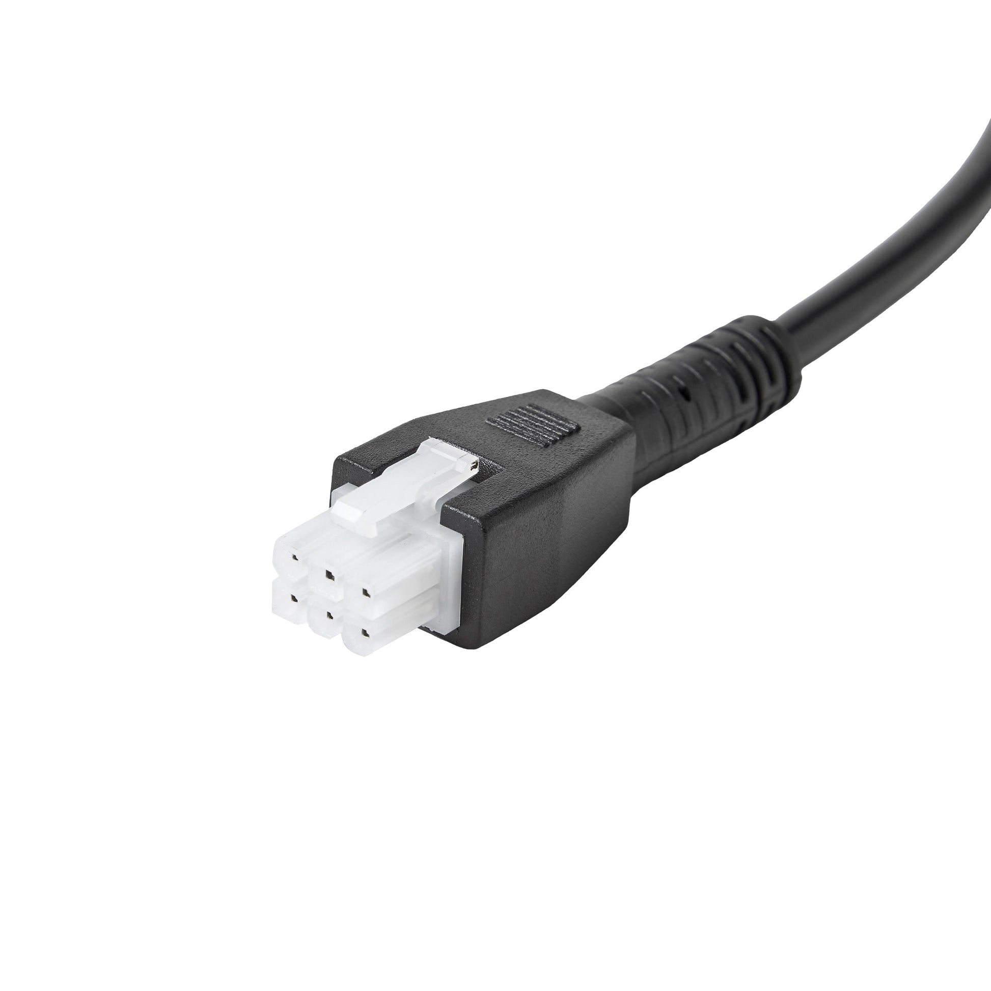 Black cable connector with white socket on a white background
