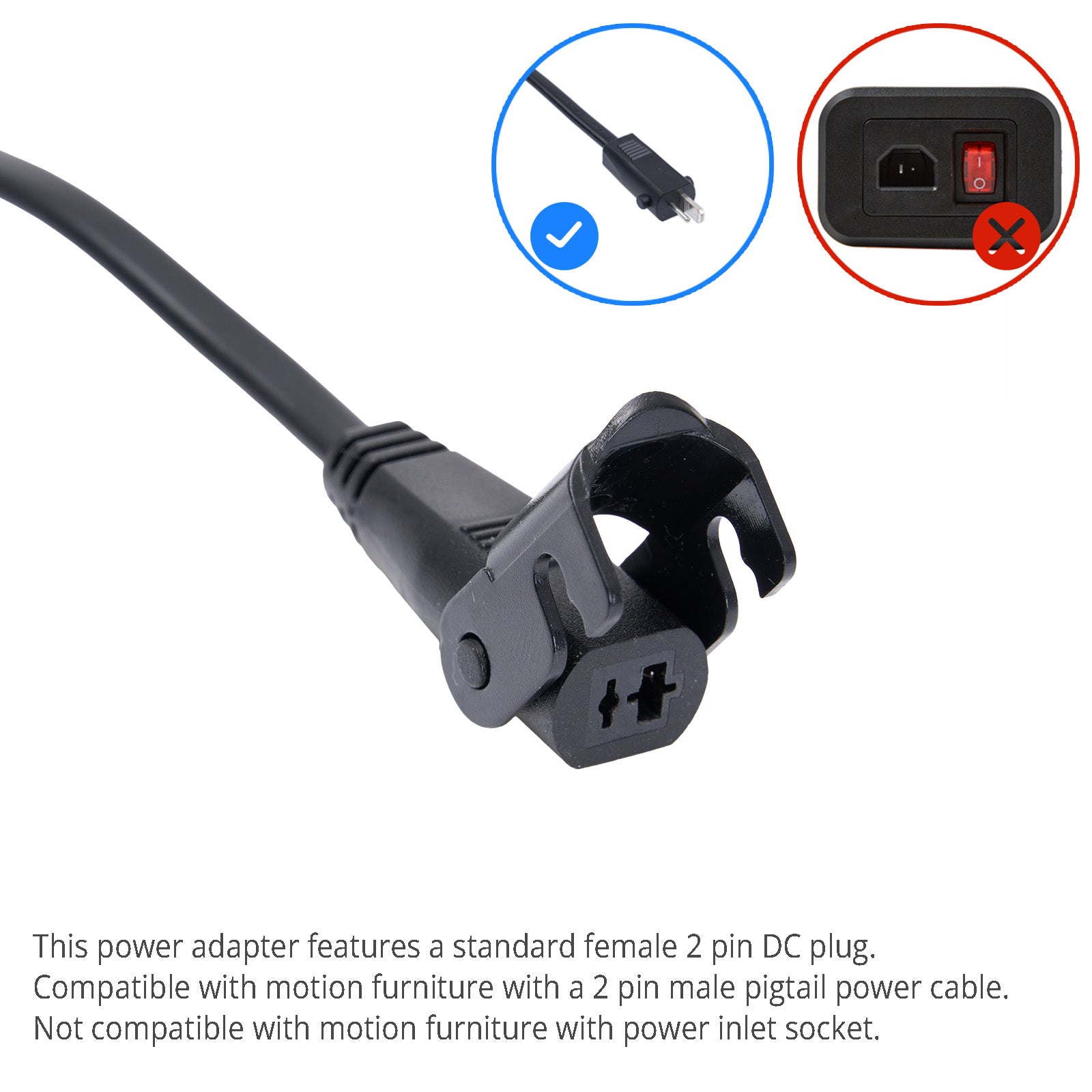 Power adapter with a standard female 2 pin DC plug on a white background