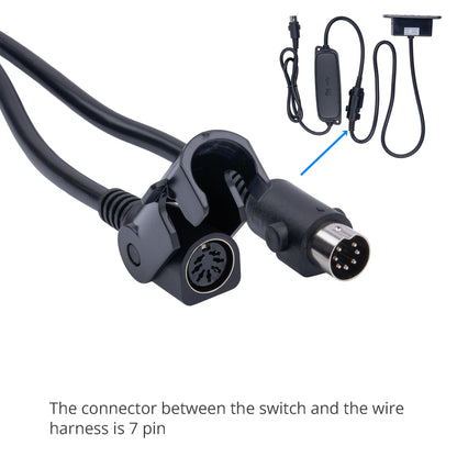 Black electrical connector cable with a multi-pin plug and inline switch, shown on a white background with a smaller inset of the full cable assembly and text noting the connector is 7 pin.