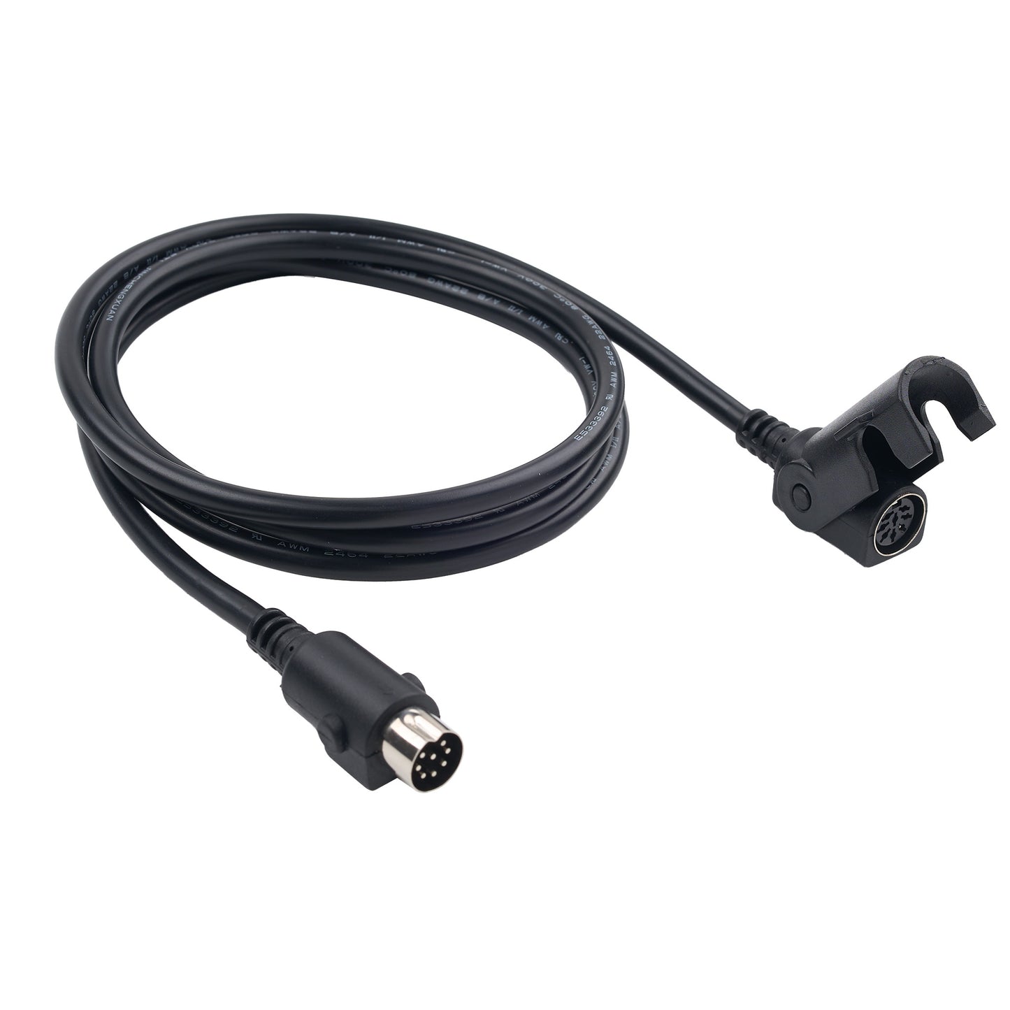A black coiled cable with two multi-pin connector ends, one male and one female, shown on a plain white background.