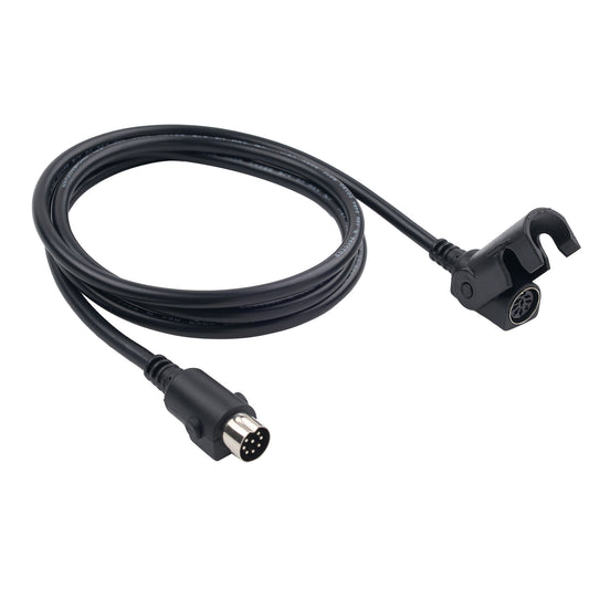 A black coiled cable with two multi-pin connector ends, one male and one female, shown on a plain white background.