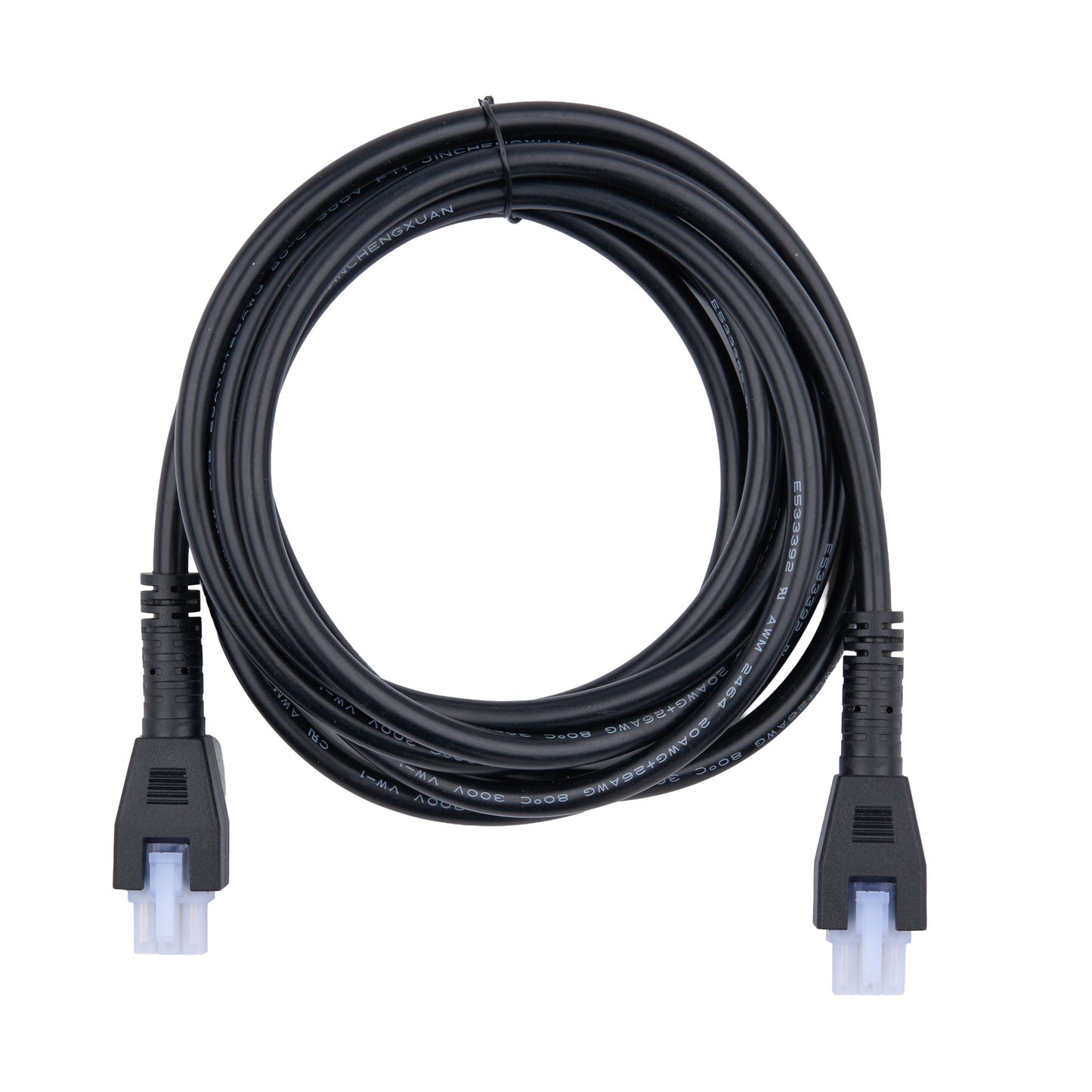 Coiled black Ethernet cable with connectors on a white background
