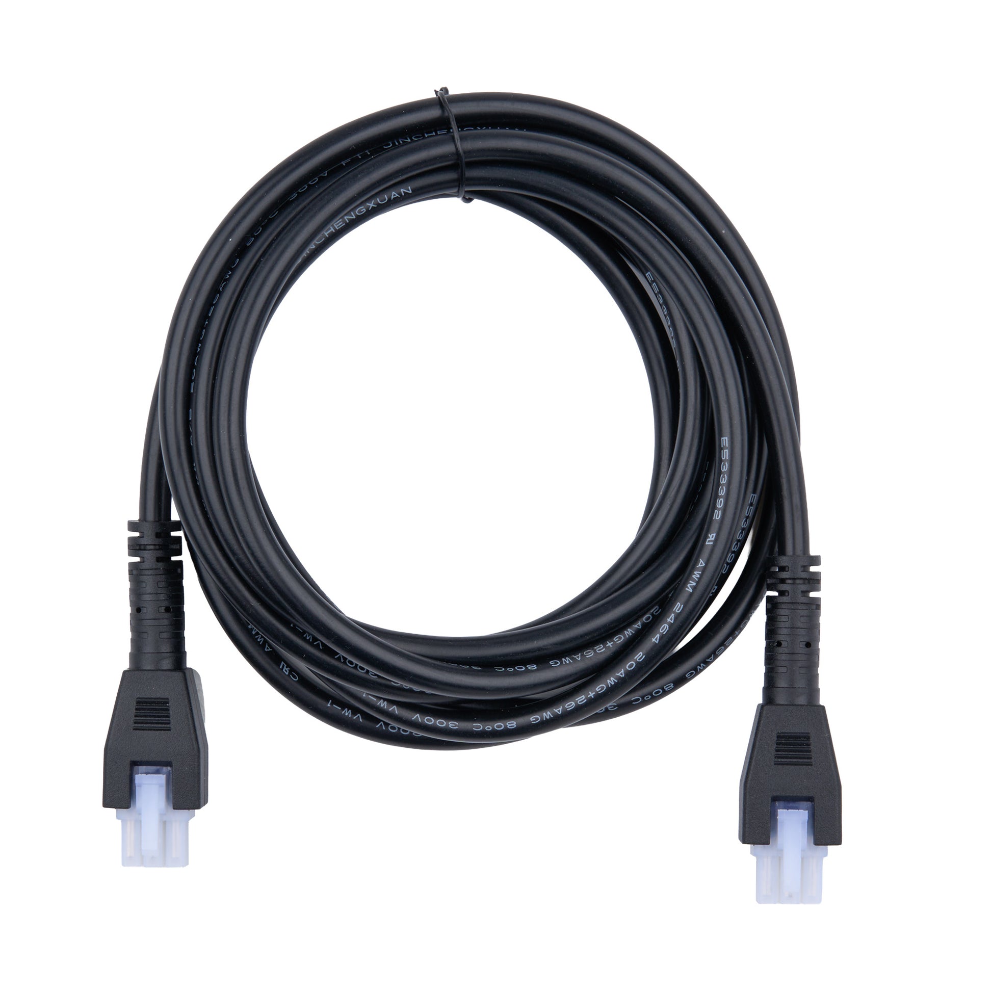 Coiled black Ethernet cable with connectors on a white background
