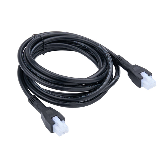 Coiled black cable with white connectors on a white background