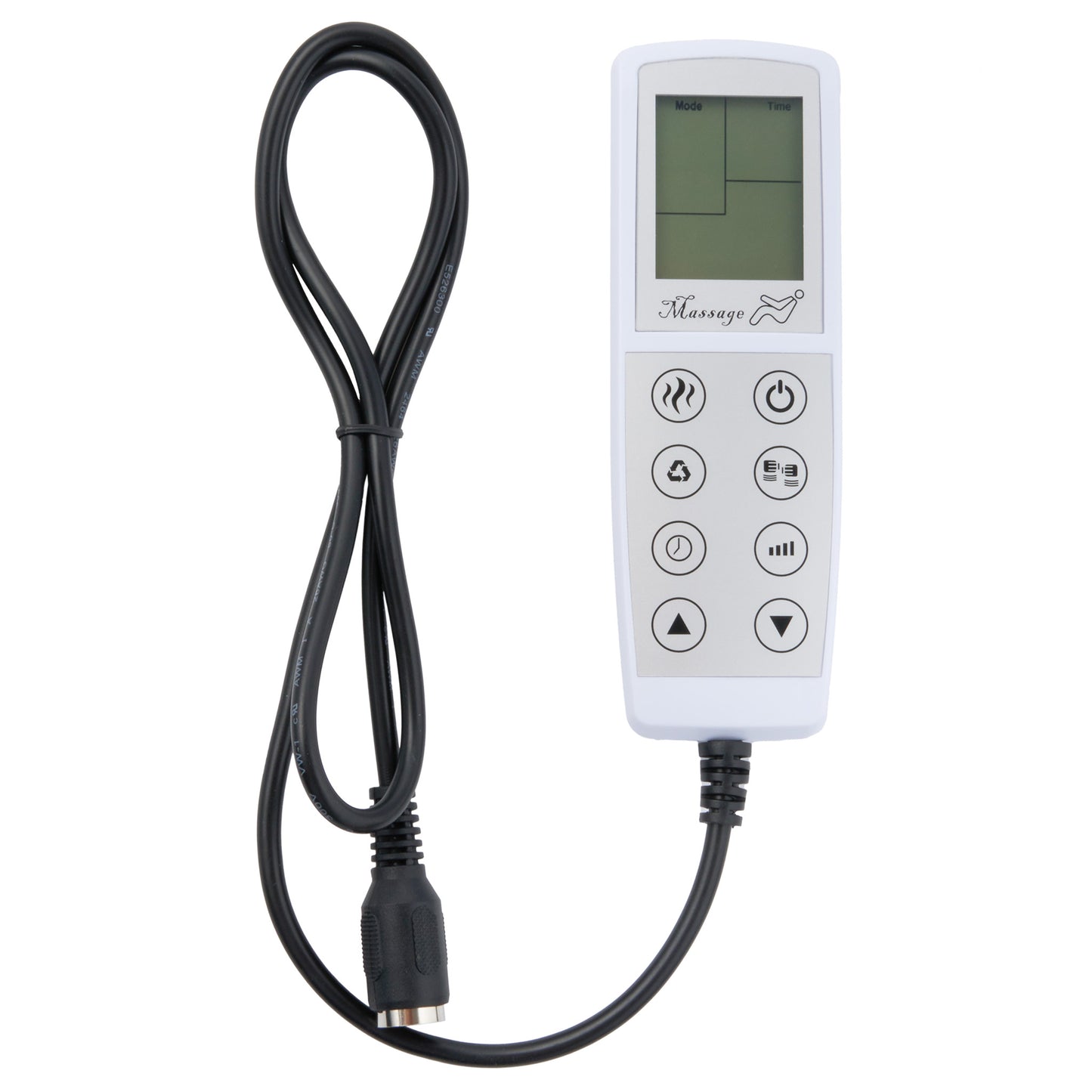 White handheld electronic massage remote control with a small display screen and black cable, shown on a plain white background.
