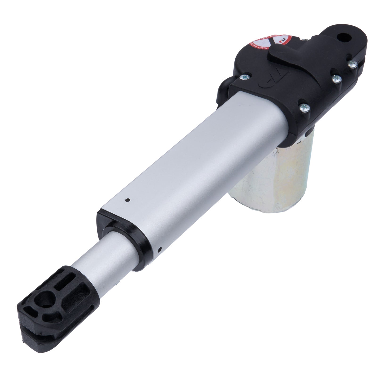 Pneumatic actuator with black and silver design on a white background