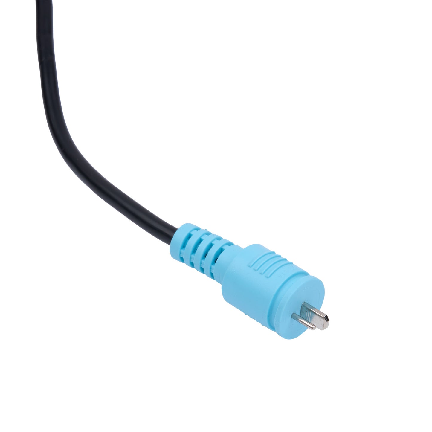 Blue electrical plug with black cord on a white background