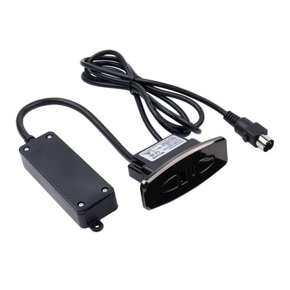 Black electronic device with cable on a white background