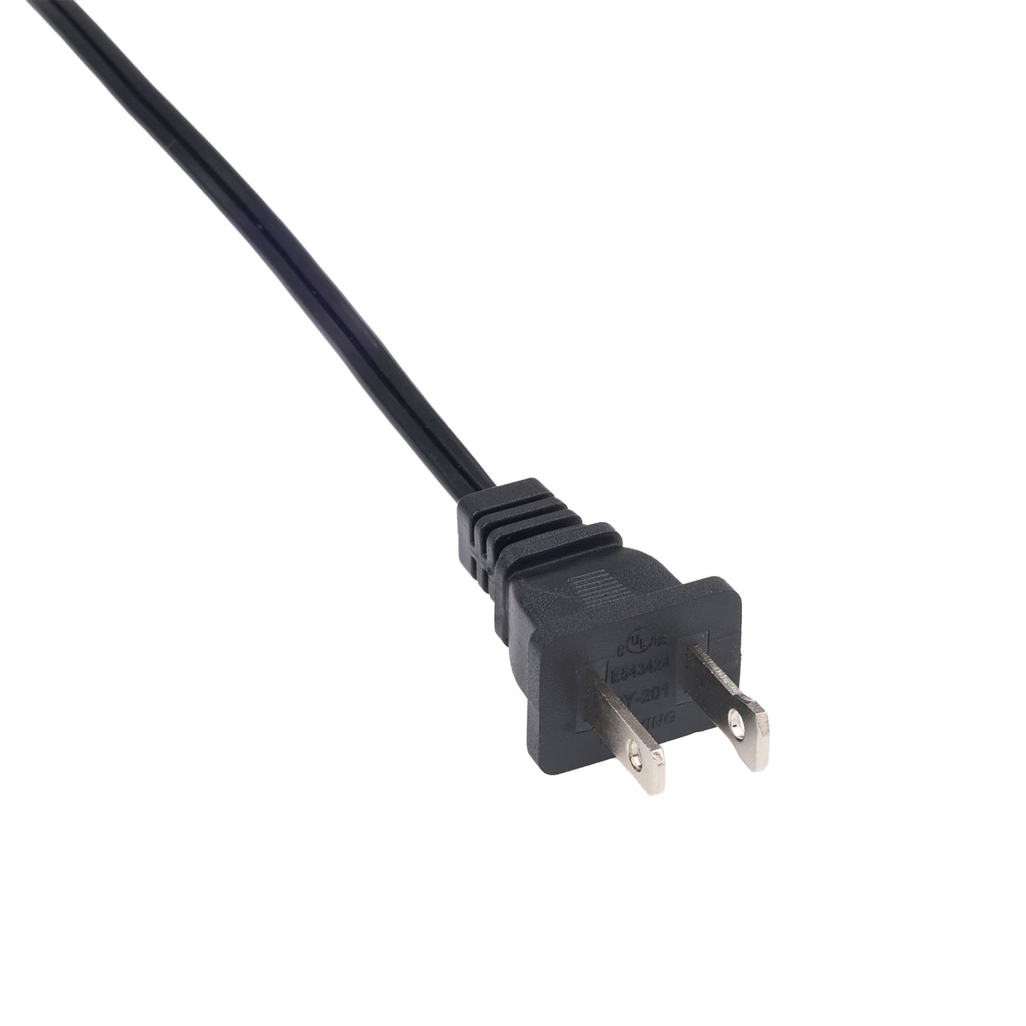 A close-up of a black power cord plug with two flat pins and a ribbed connector, shown on a plain white background.