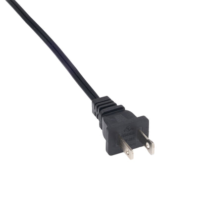 A close-up of a black power cord plug with two flat pins and a ribbed connector, shown on a plain white background.