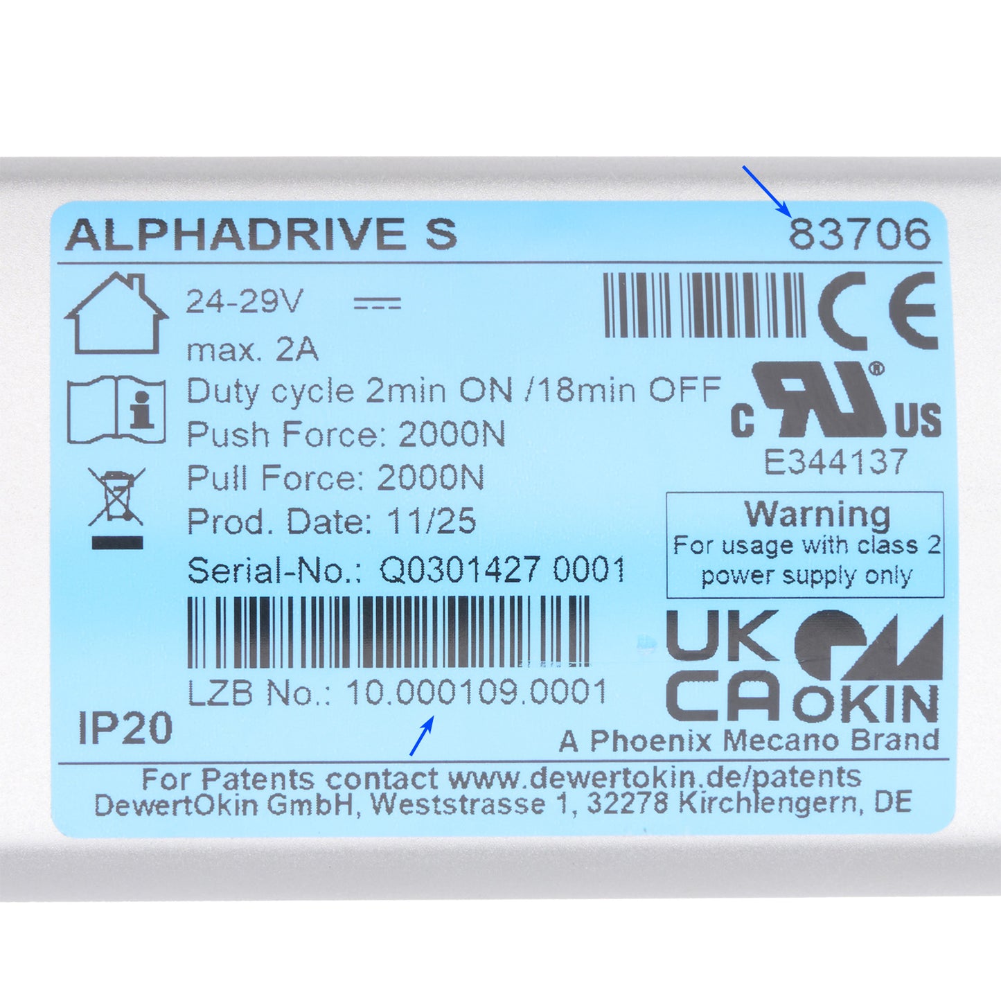 Technical label on a product with various specifications and branding details.