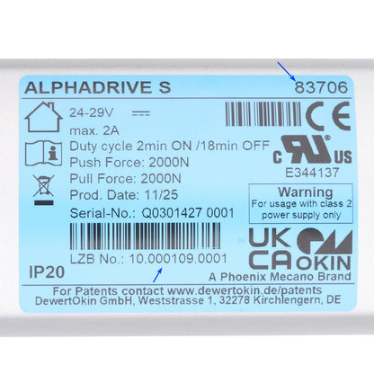 Technical label on a product with various specifications and branding details.