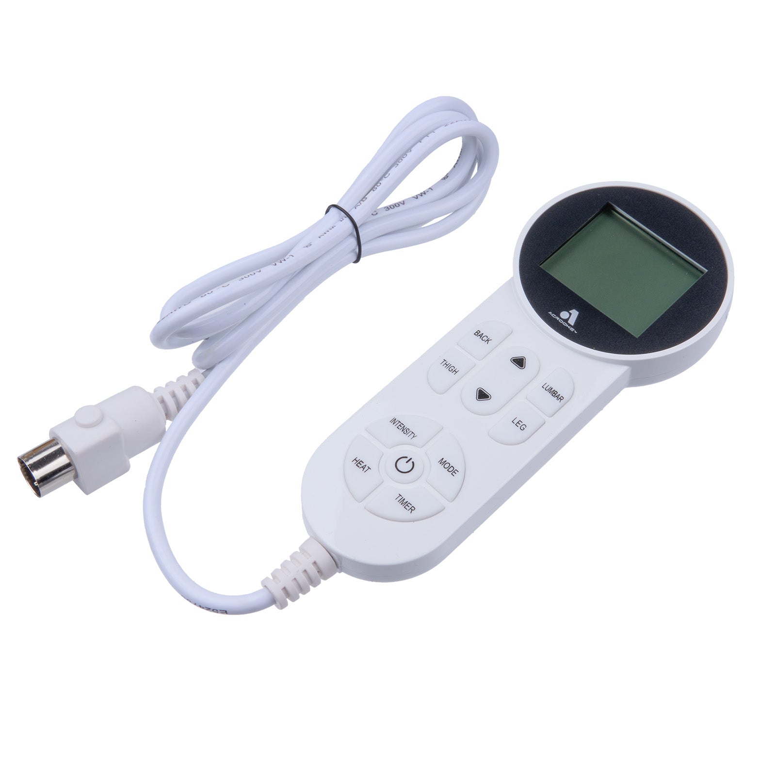 White electronic device with control panel and cable on a white background