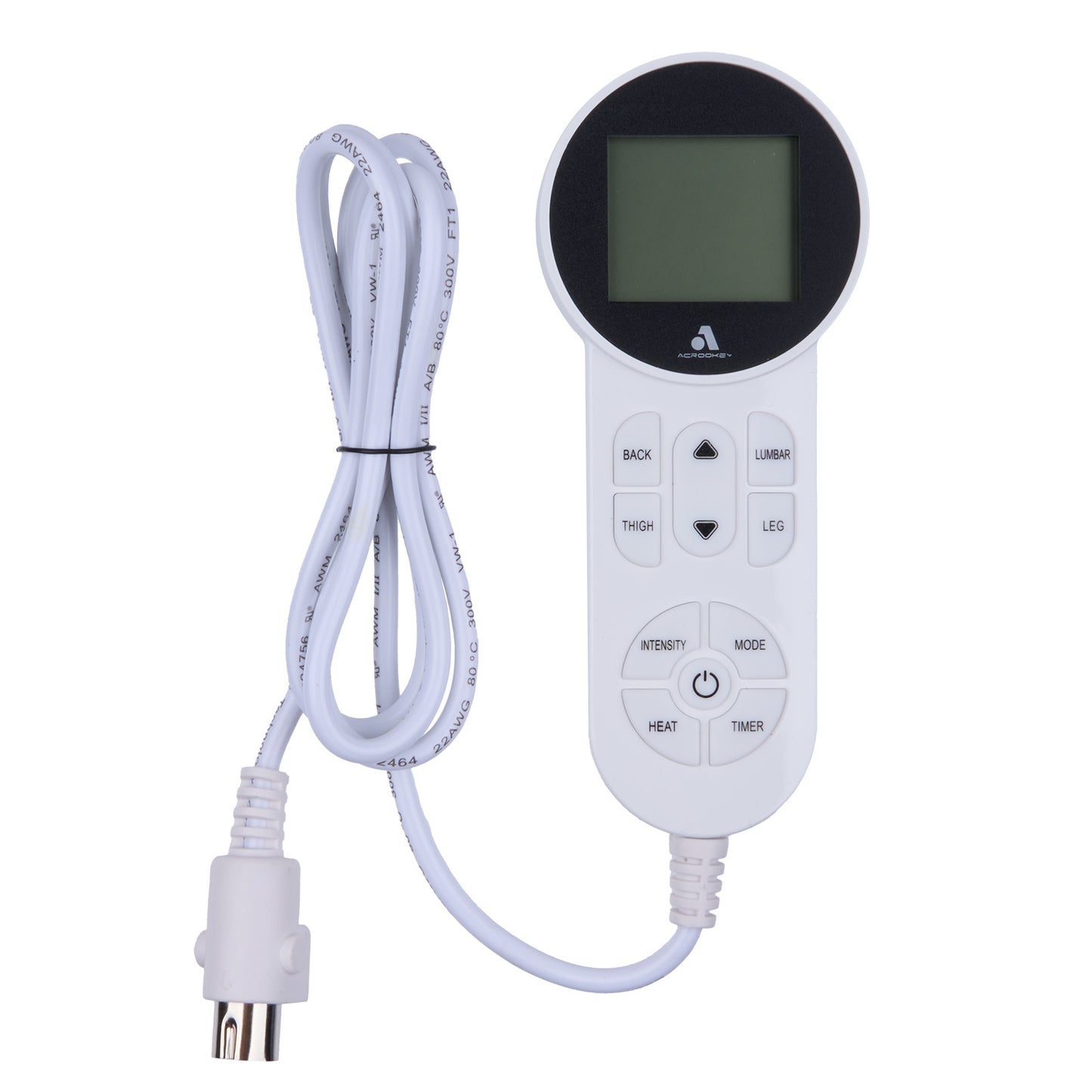 White electronic device with control panel and cable on a white background