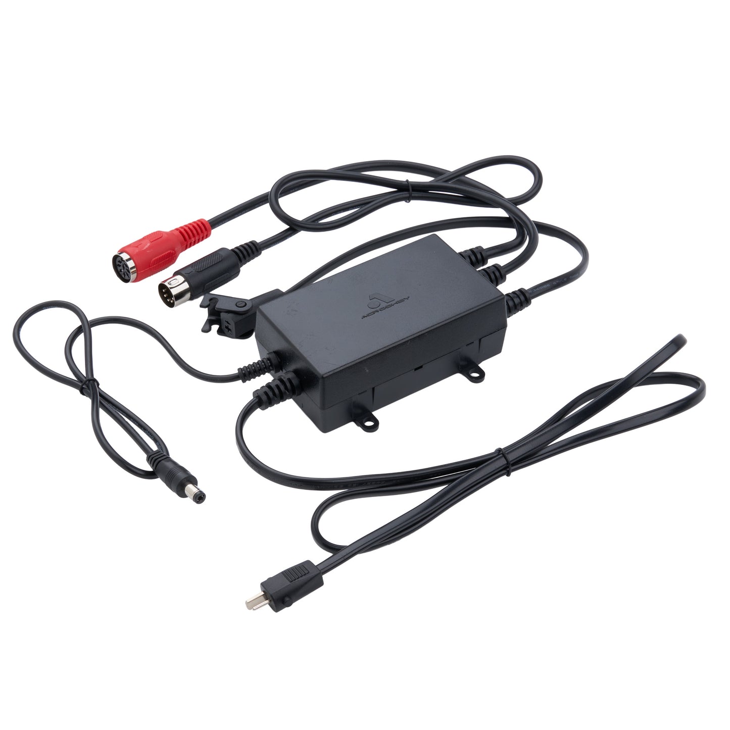 A black electronic signal or video adapter box with attached cables, including a red RCA plug, a BNC connector, and a USB connector, shown on a plain white background.