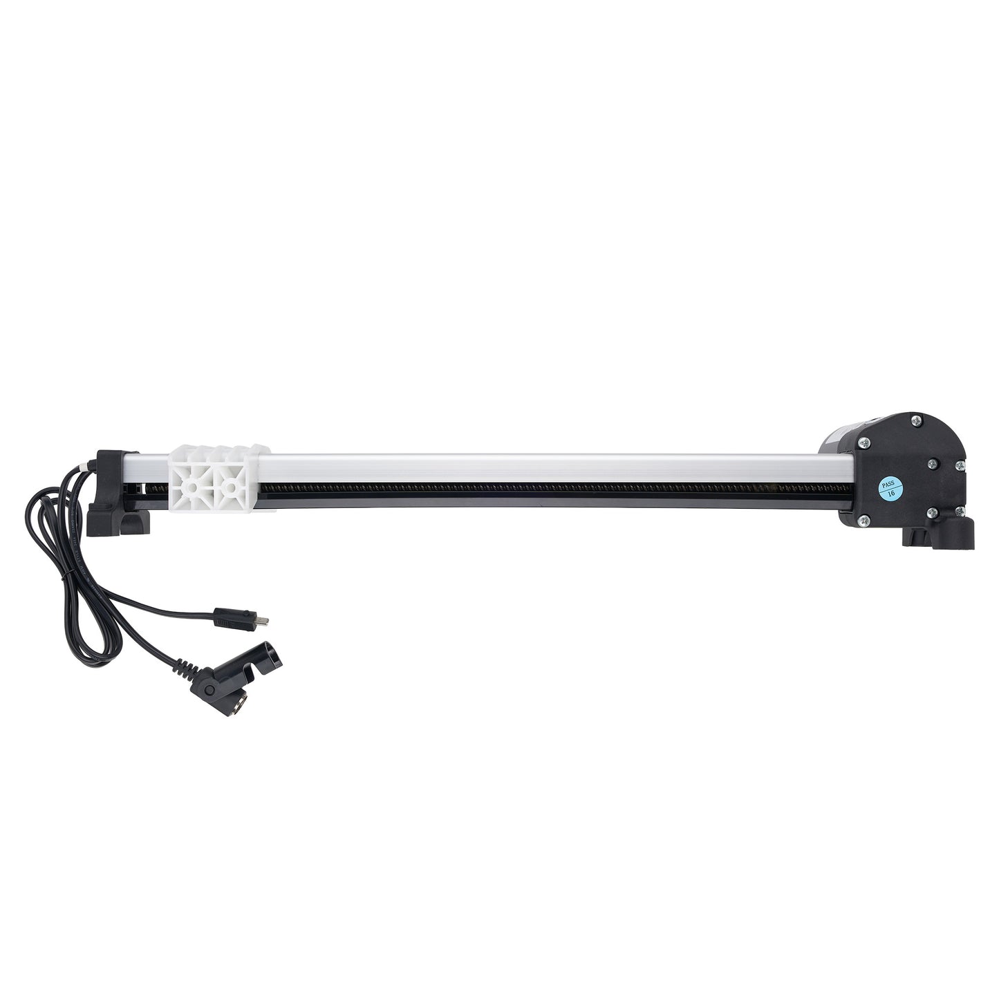 An electric linear slide rail assembly with a black and white metal rail system, featuring a black motor housing, a black cable with connectors, and a white plastic guide block, shown against a plain white background.