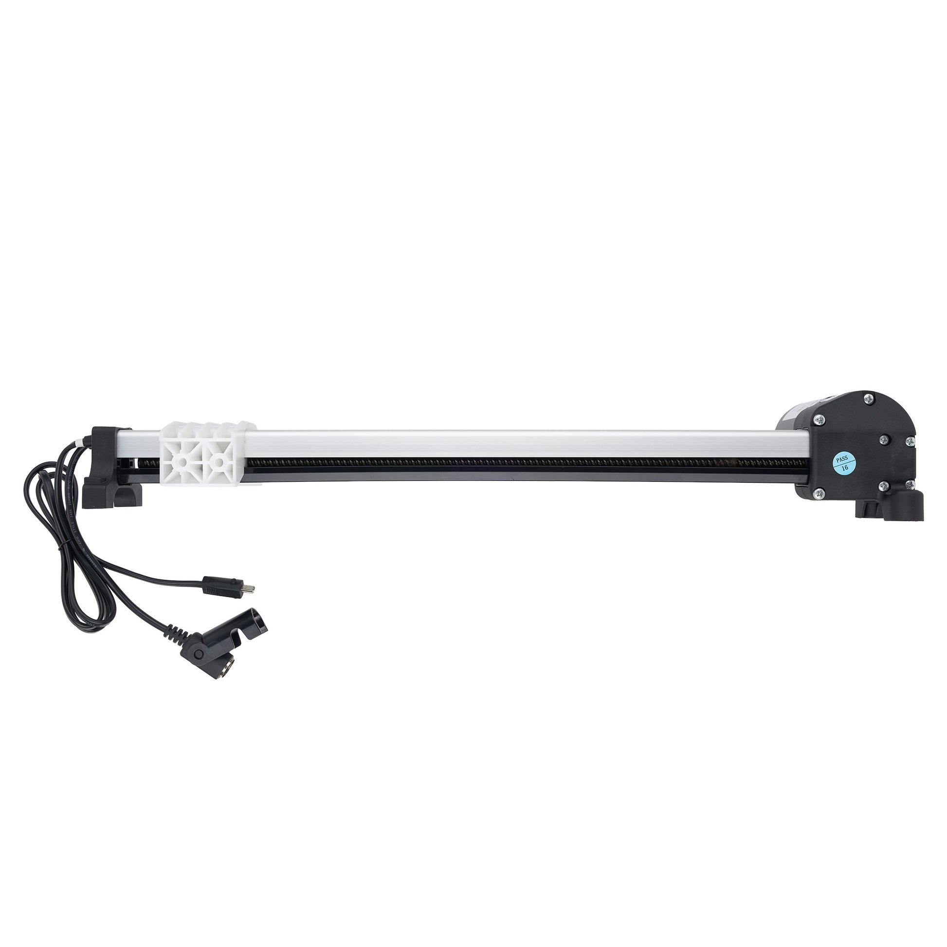 An electric linear slide rail assembly with a black and white metal rail system, featuring a black motor housing, a black cable with connectors, and a white plastic guide block, shown against a plain white background.