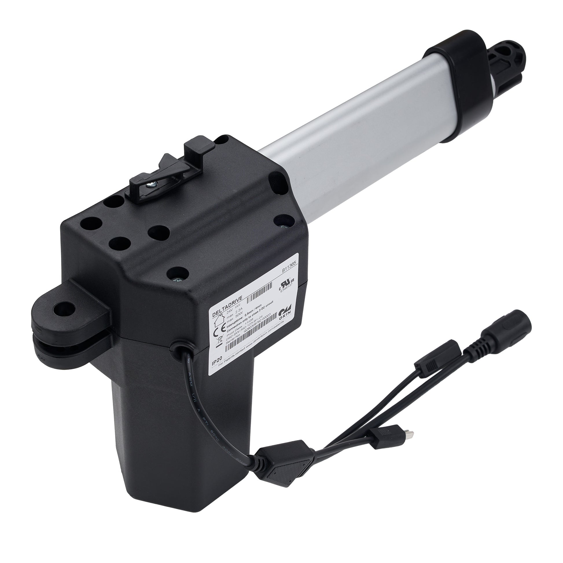 Black linear actuator with cables on a white background