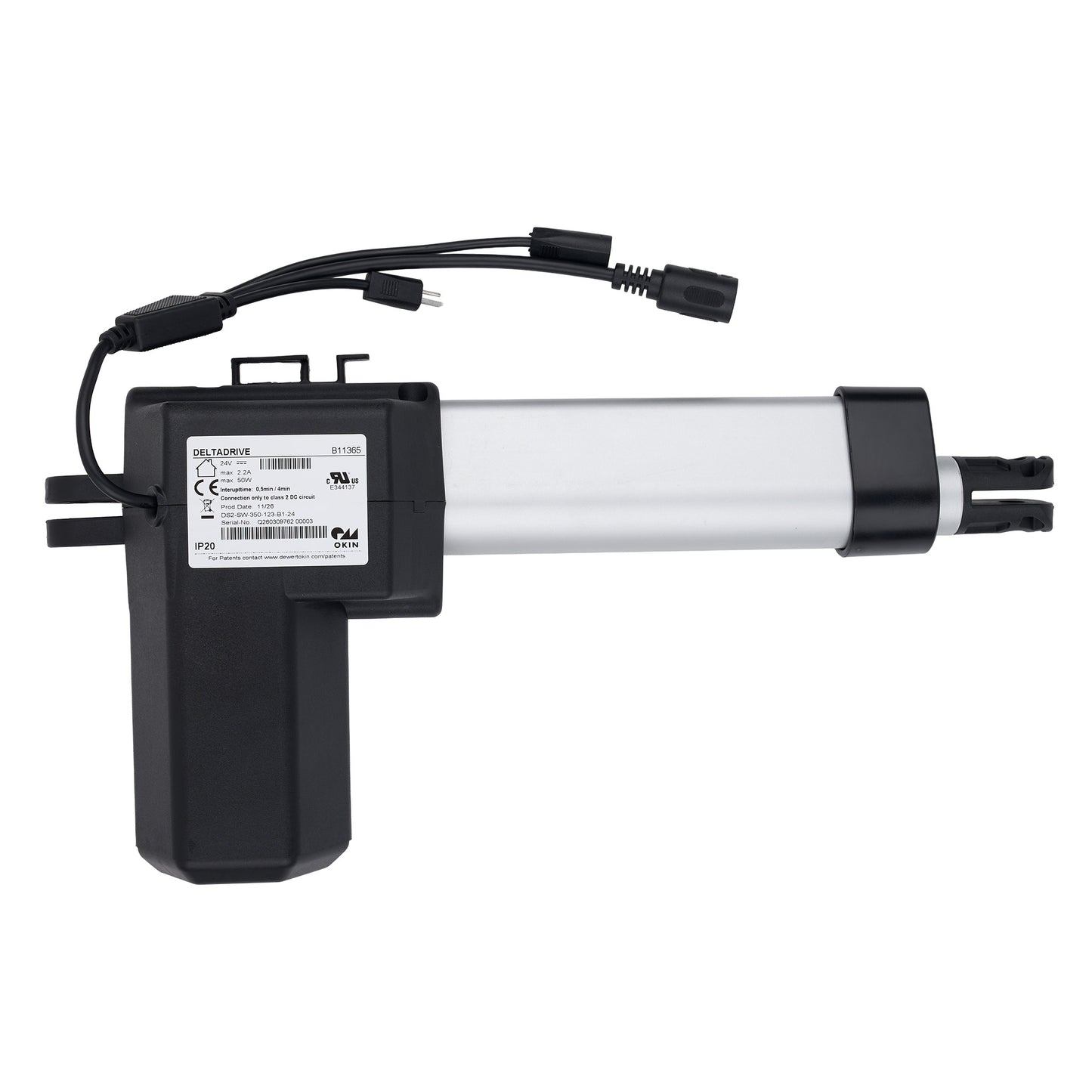 Linear actuator with black and white design on a white background
