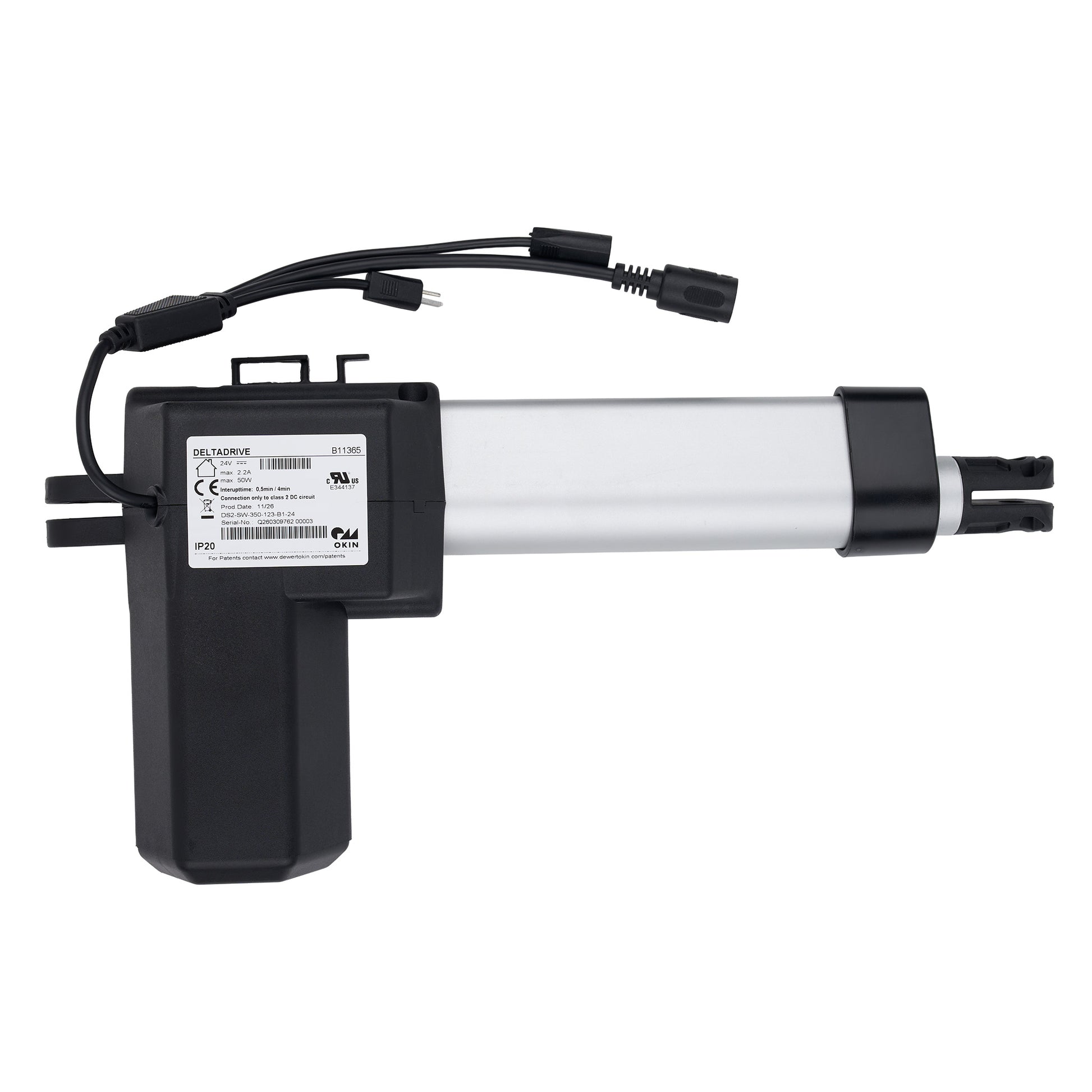 Linear actuator with black and white design on a white background