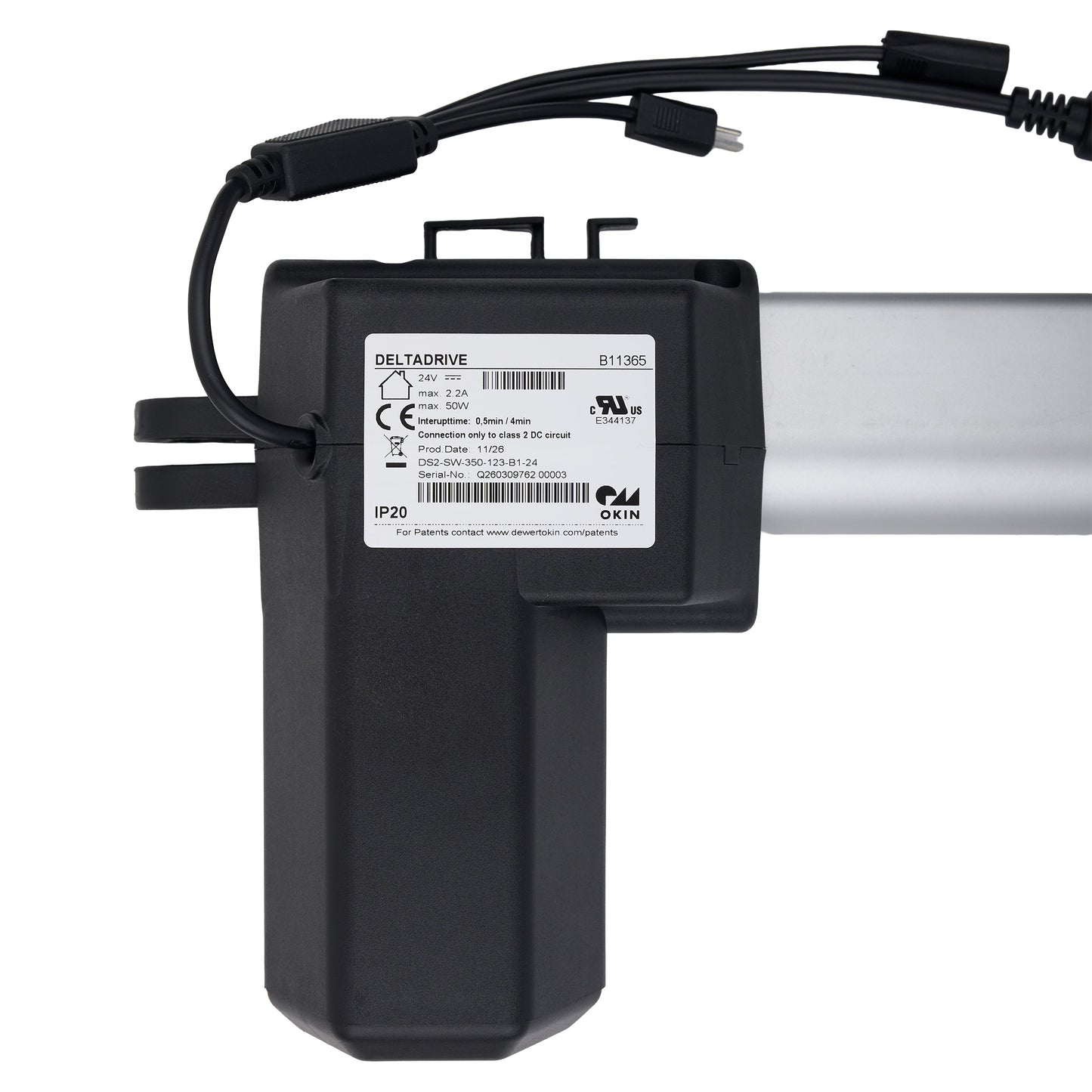 Black electronic component with visible branding on a white background