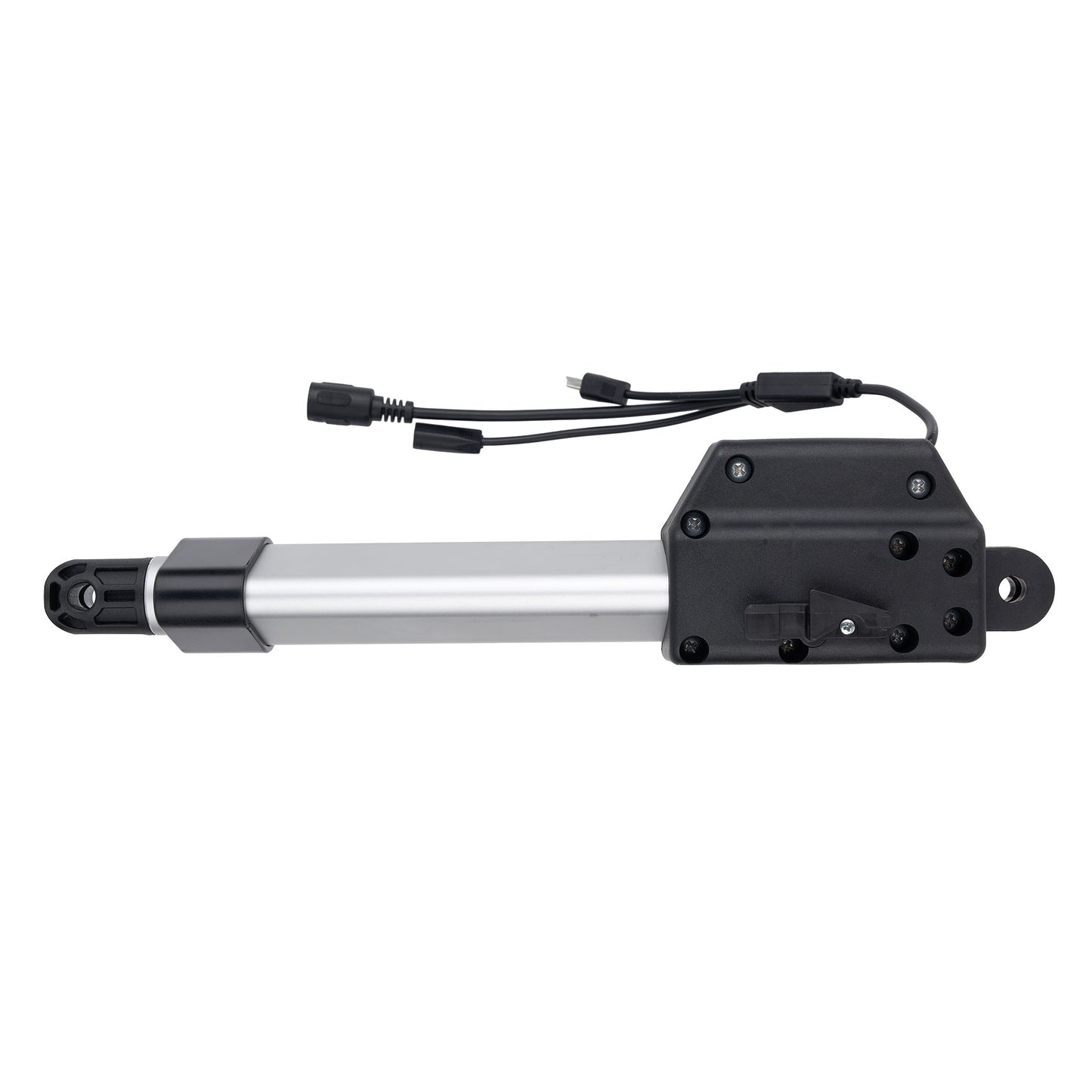 Black and silver linear actuator on a white background