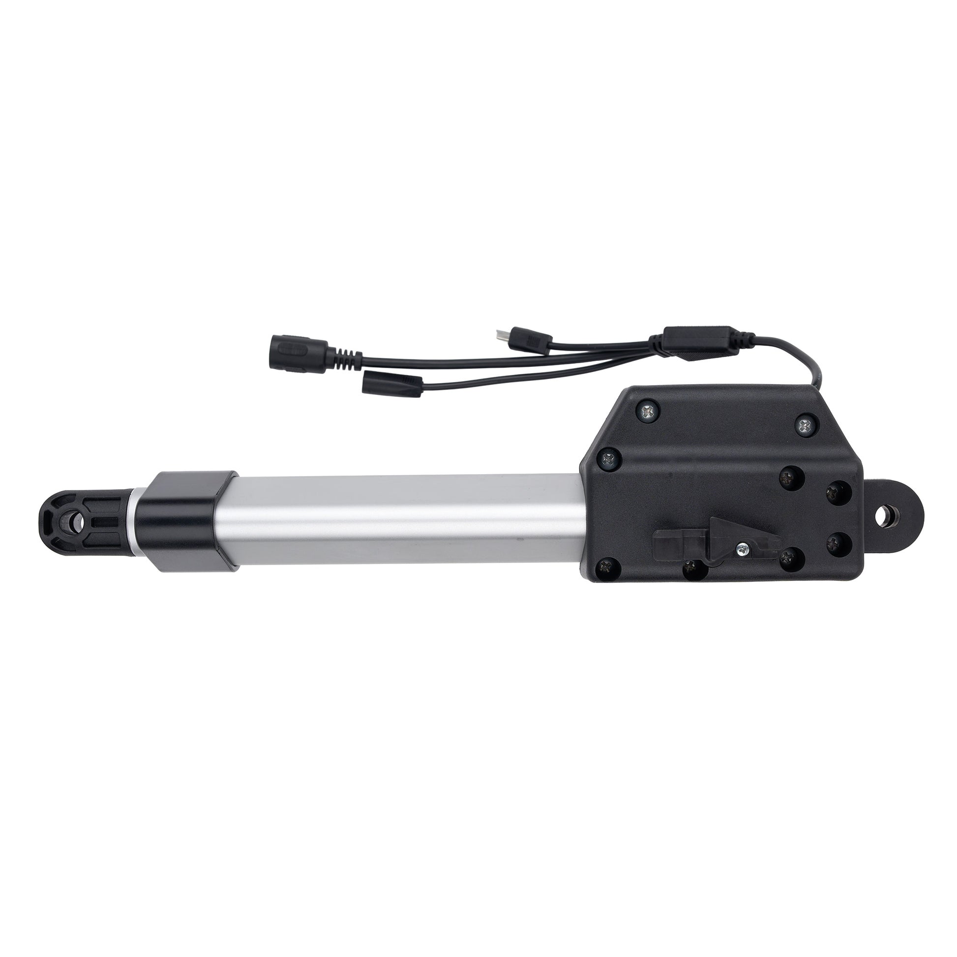 Black and silver linear actuator on a white background