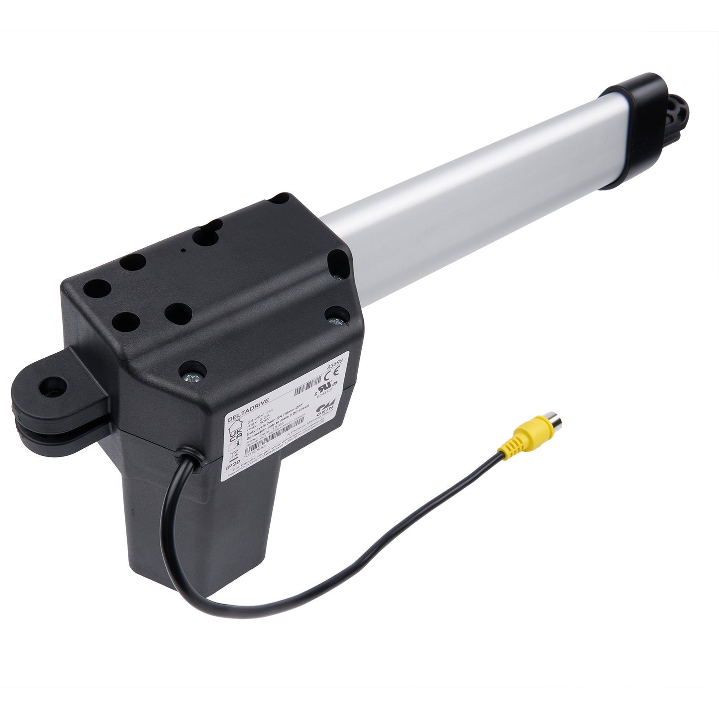 Electric actuator with a cable and connector on a white background