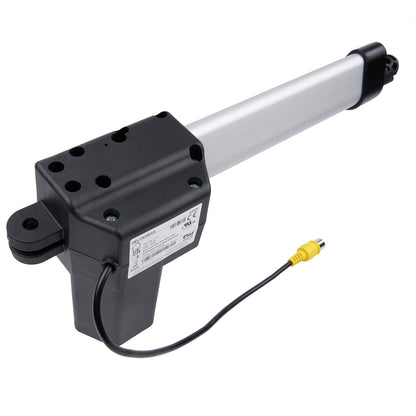 Electric actuator with a cable and connector on a white background