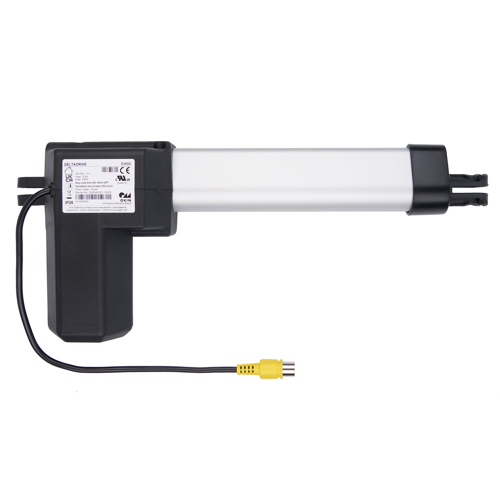 Linear actuator with black and white design on a white background