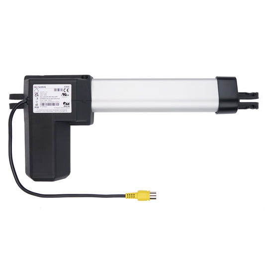 Linear actuator with black and white design on a white background