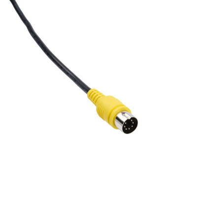 Black cable with a yellow connector on a white background